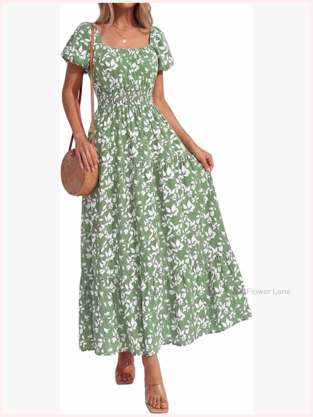 Puff Sleeve Maxi Dress Square Neck Smocked Tiered A-Line Flowy Pockets - Picture 1 of 7